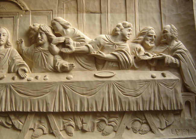 Drevorezba večera Pánova - pravá časť drevorezby - detail