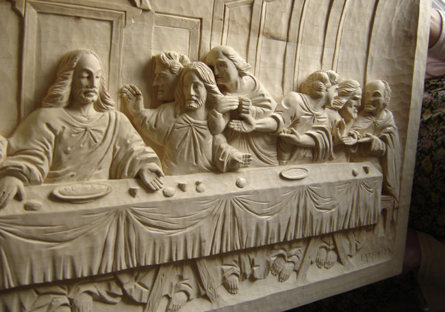 Drevorezba večera Pánova - pravá časť drevorezby